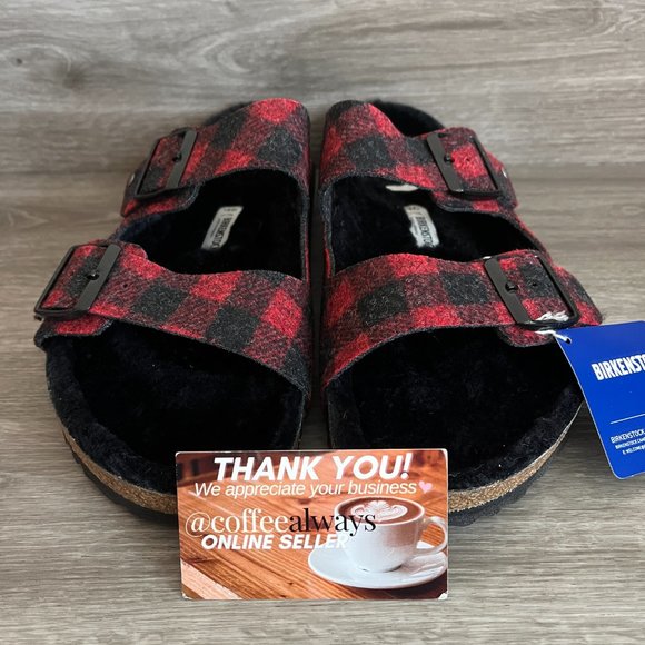 Birkenstock Arizona Rivet Plaid Red Black Shearling Regular NWB main image 14